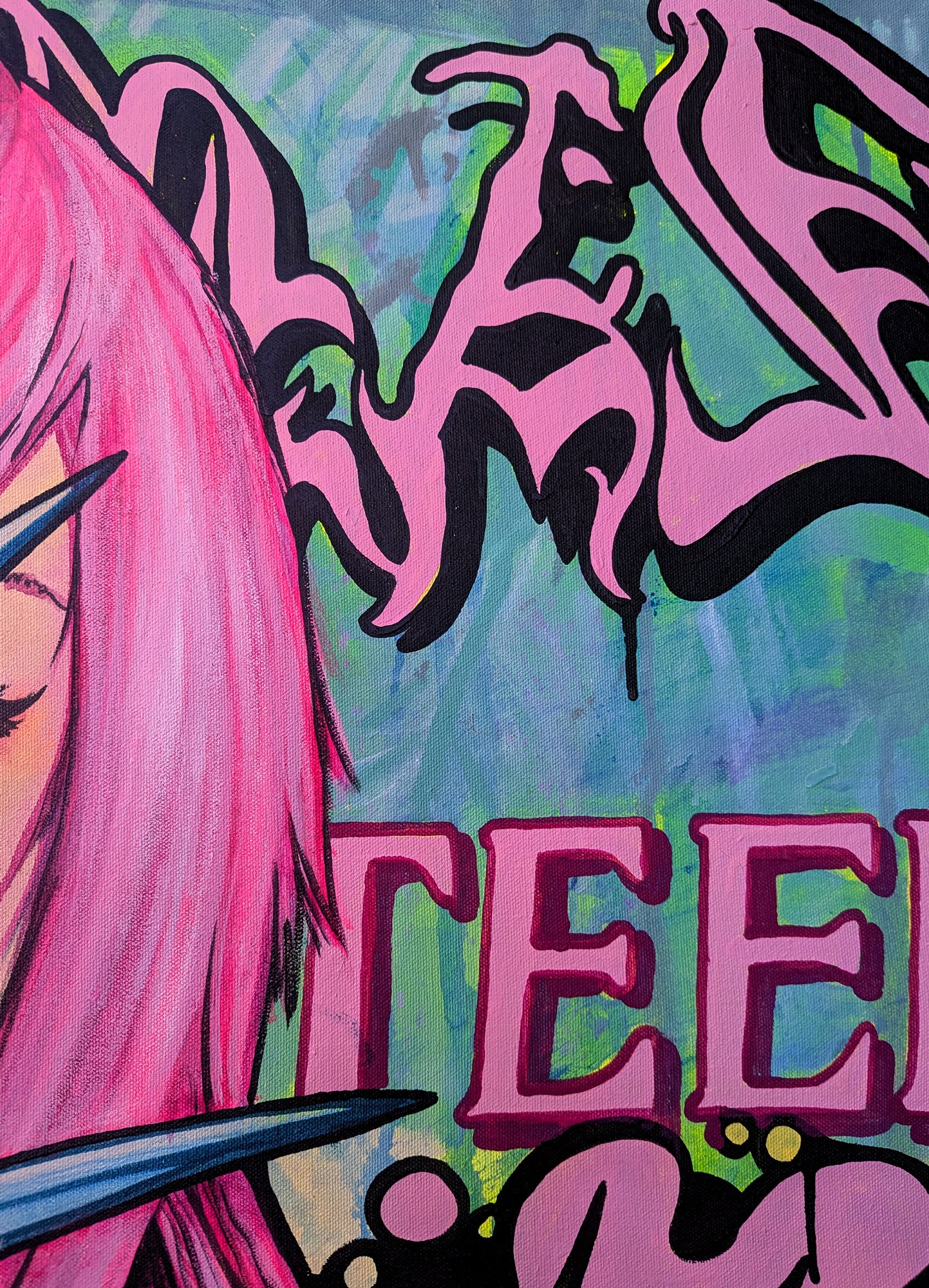 Edgy fine art painting by Palm Treat, suitable for mid-to-high-end art galleries seeking bold, provocative works.