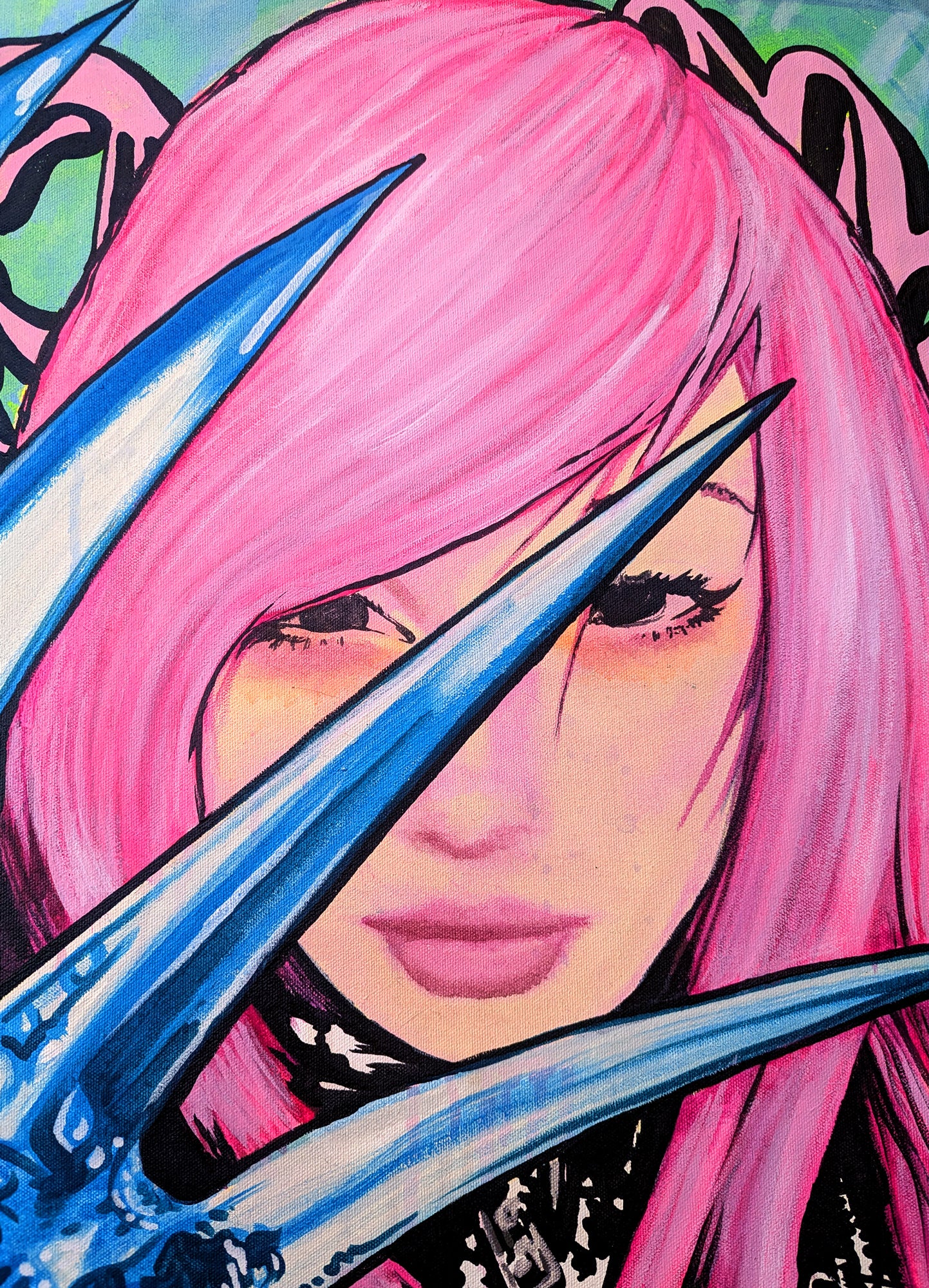 Vivid graffiti-inspired 2024 painting by Palm Treat, Detroit, blending edgy fashion and pop art.