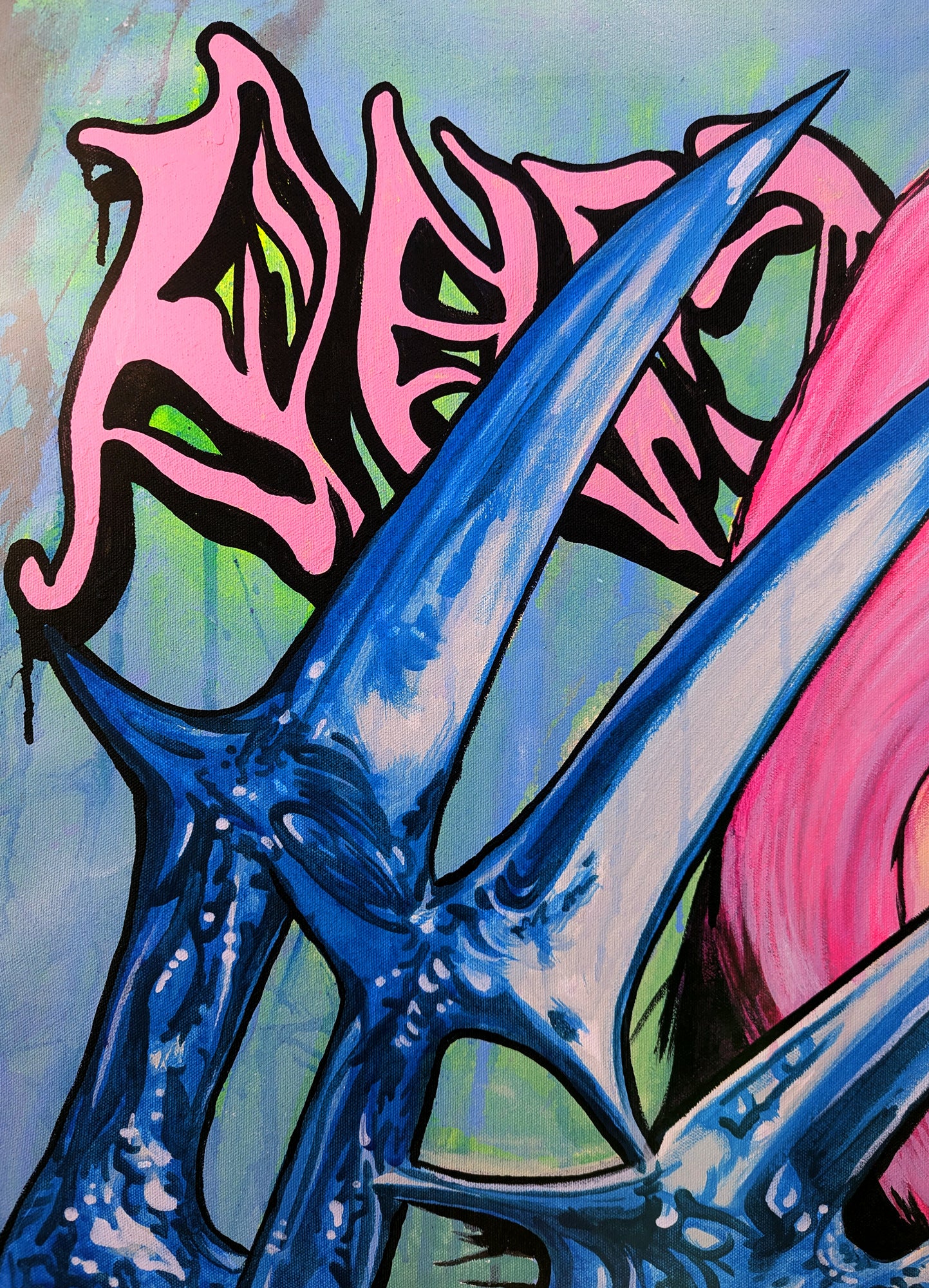 Modern pop art painting by Palm Treat, showcasing dynamic blue claws and bold color contrasts, 2024.