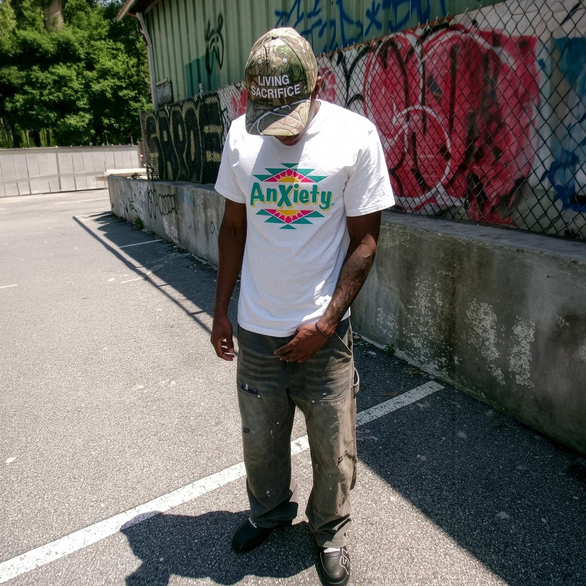 A man standing outdoors in a concrete lot wearing a white graphic palm treat t-shirt with a colorful 'Anxiety' design, gray pants, and a camouflage baseball cap that reads 'Living Sacrifice'.
