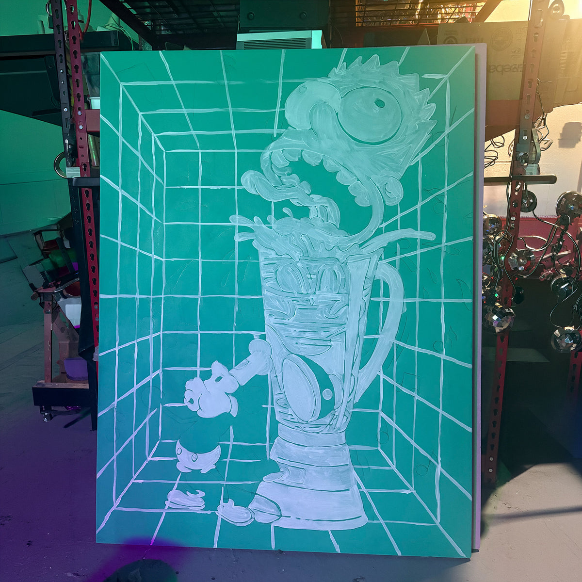 A large square art print or canvas featuring a stylized white line drawing of a character inside a grid-like room, set against a bright teal background. The piece is photographed in a workshop or studio environment with shelving and equipment visible around it by Palm Treat