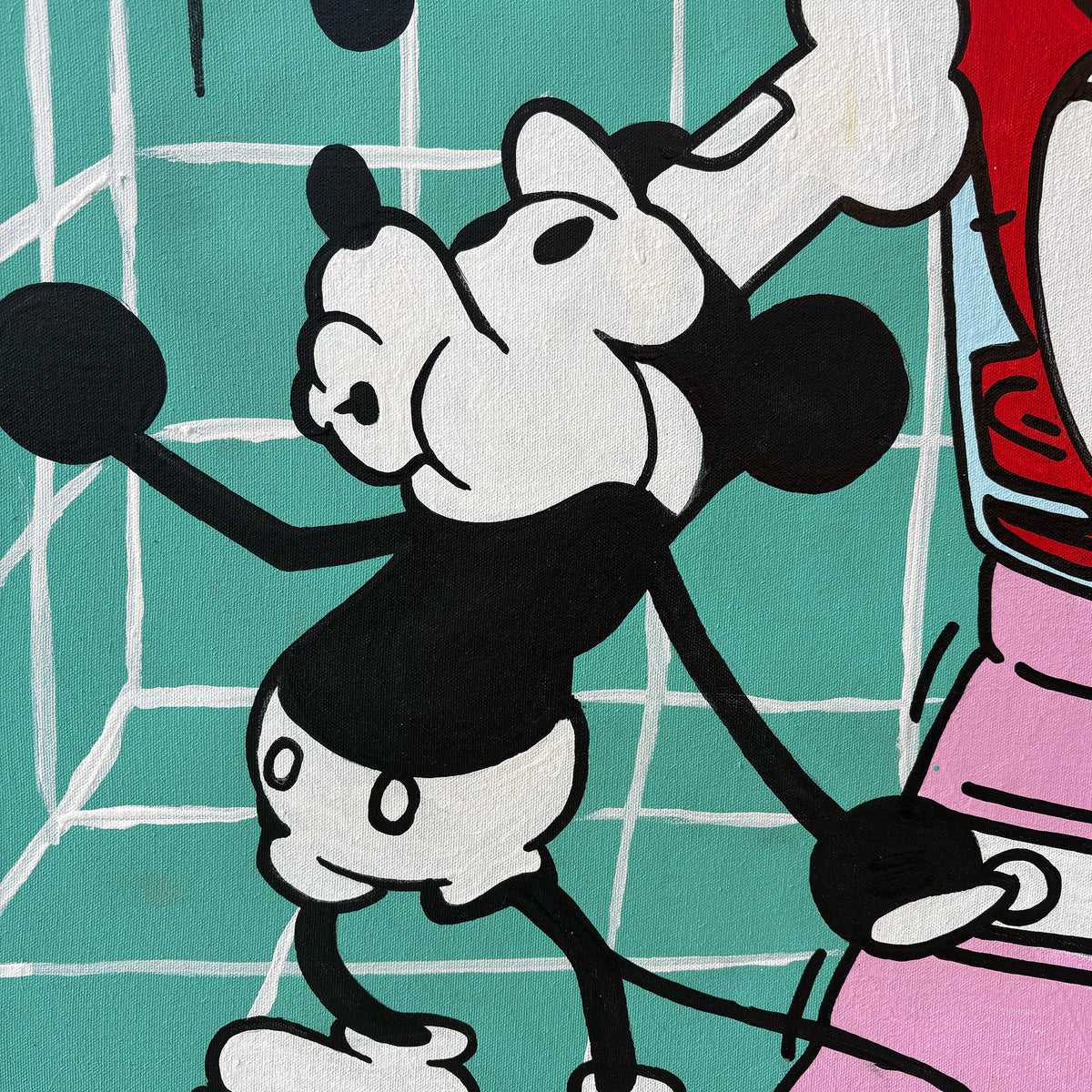 A close-up of a painted artwork featuring a stylized black-and-white cartoon character steamboat willie against a teal grid background, with partial red and pink figures at the right edge by Palm Treat.