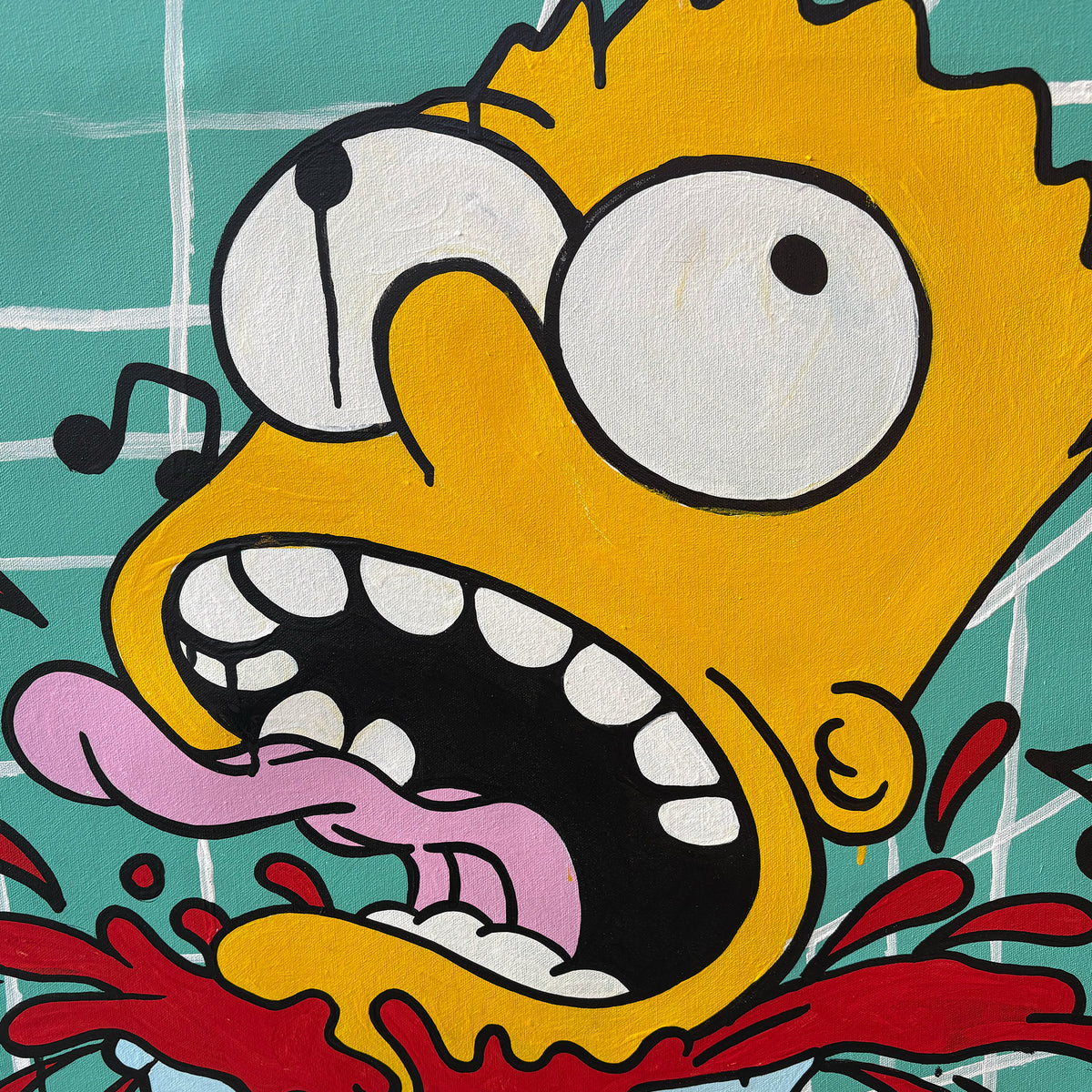 A close-up painted portrait of Bart Simpson with wide white eyes, an open mouth showing teeth and tongue, and red splatter details against a teal tiled background by Palm Treat