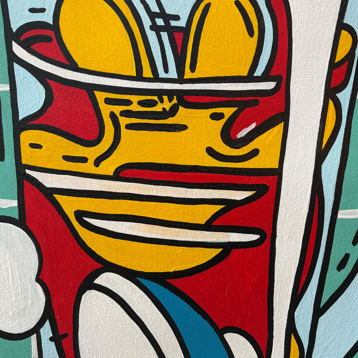 A close-up of a colorful abstract artwork featuring bold yellow, red, white, and blue shapes outlined in black, with visible canvas texture by Palm Treat.