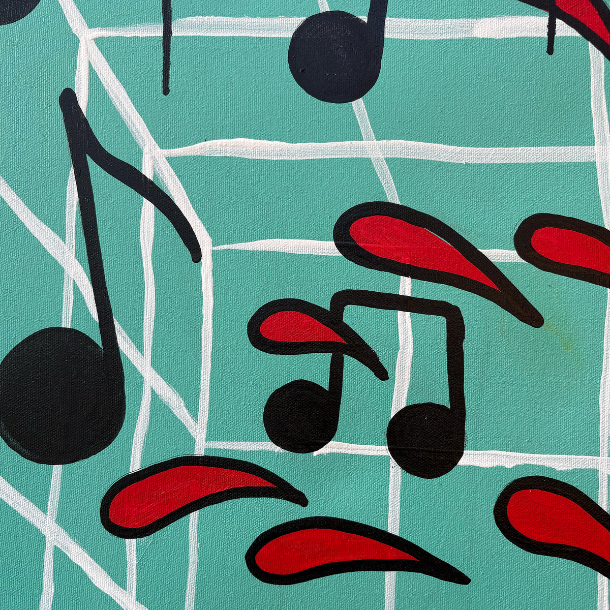 Abstract musical note artwork on a teal background with white grid lines, black musical notes, and red teardrop-like shapes by Palm Treat.