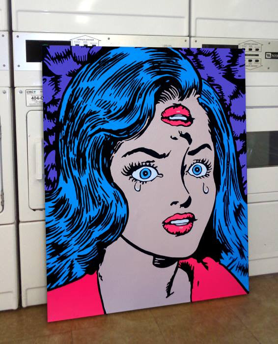 Retro vintage classic comics inspired pop art painting Marie Nolan Art for sale in a laudromat. Artwork by the real Jeff Nolan & Marie Nolan of Palm Treat.