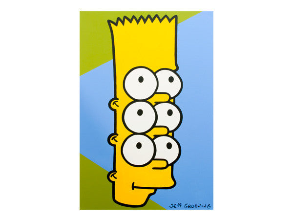 Trippy hallucinogenic Bart Simpson with extra eyes seeing triple pop art painting inspired by the artwork of Andy Warhol. Painted by the real Jeff Nolan and Marie Nolan of Palm Treat.