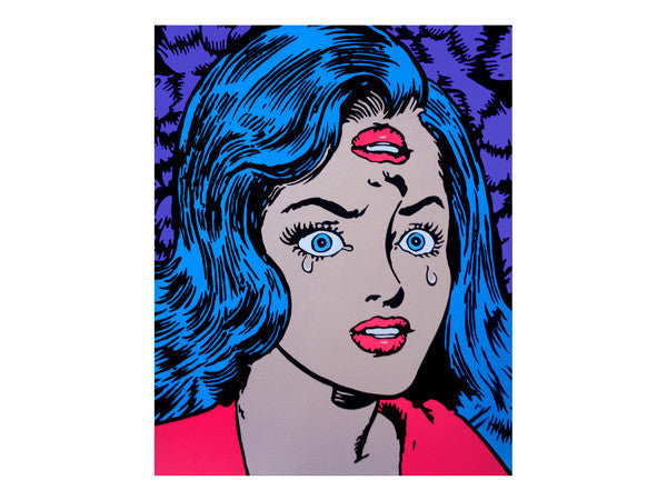 Incredible pop art girl crying Marie Nolan Artpainting by Palm Treat. Hot pink lips with aqua mermaid vaporwave pastel blue hair painted by pop artists Palm Treat.