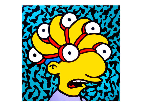 Trippy Milhouse Simpsons artwork by Palm Treat. Freaking out mezzotint technicolor amazing pop art painting for sale. Painted by Jeff Nolan & Marie Williams Marie Nolan outsider folk art pop vaporwave artist
