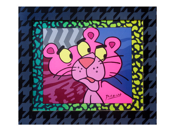 Marie Nolan outsider pop vaporwave artist detroit Original Lisa Frank inspired pop art painting of the Pink Panther with houndstooth frame. Not signed by Picasso, but a trippy pop art painting by Palm Treat artists Marie Nolan & Jeff Nolan, outsider artists.