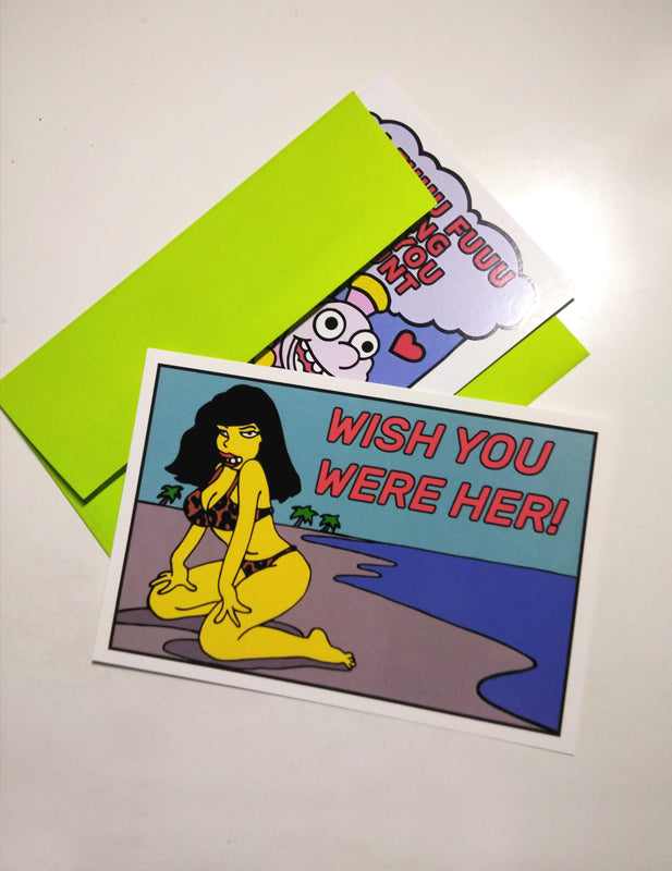 wish you were her bikini cartoon post card by palm treat